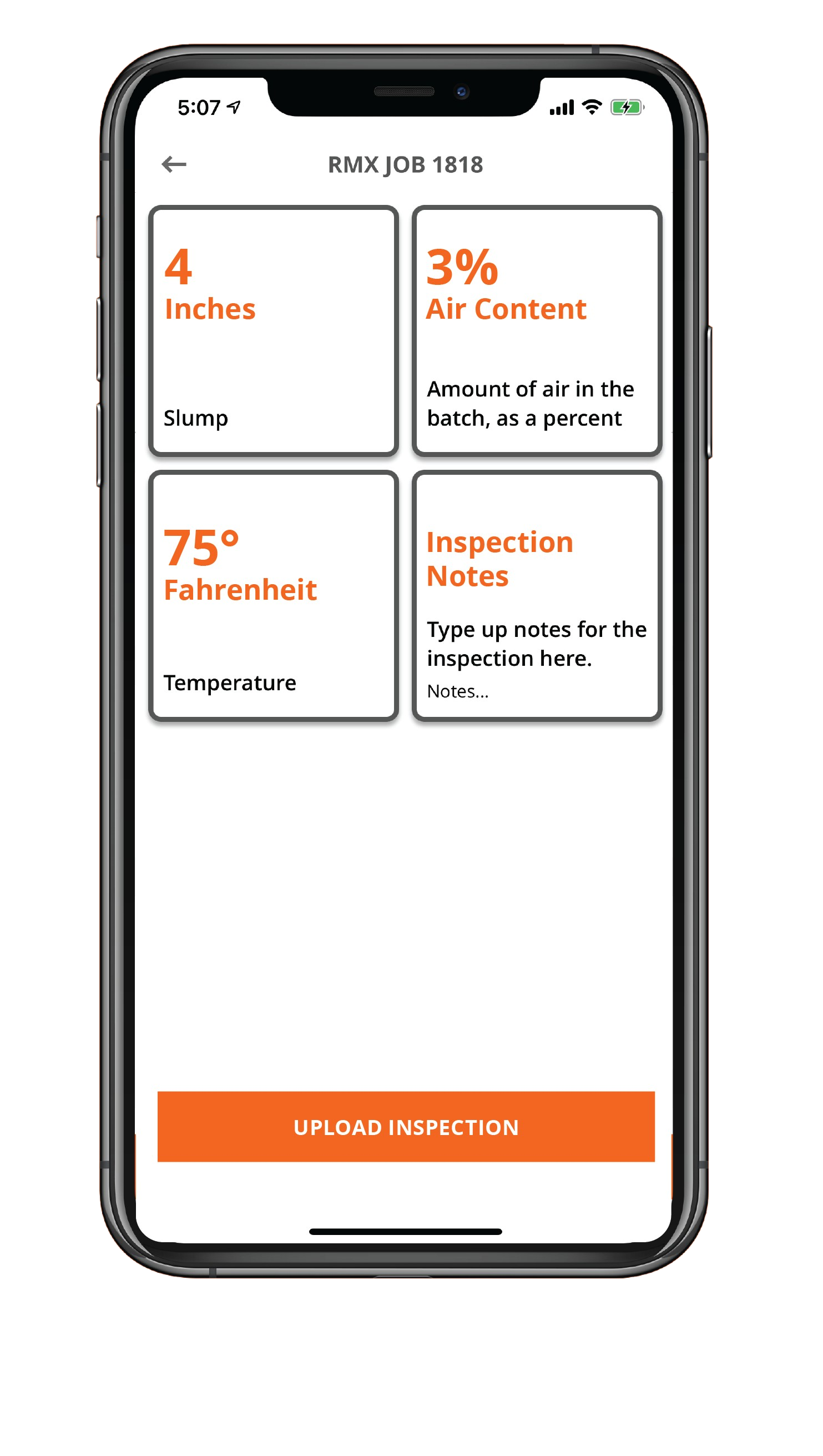 TruckPay mobile app, inspection of a ready mix page