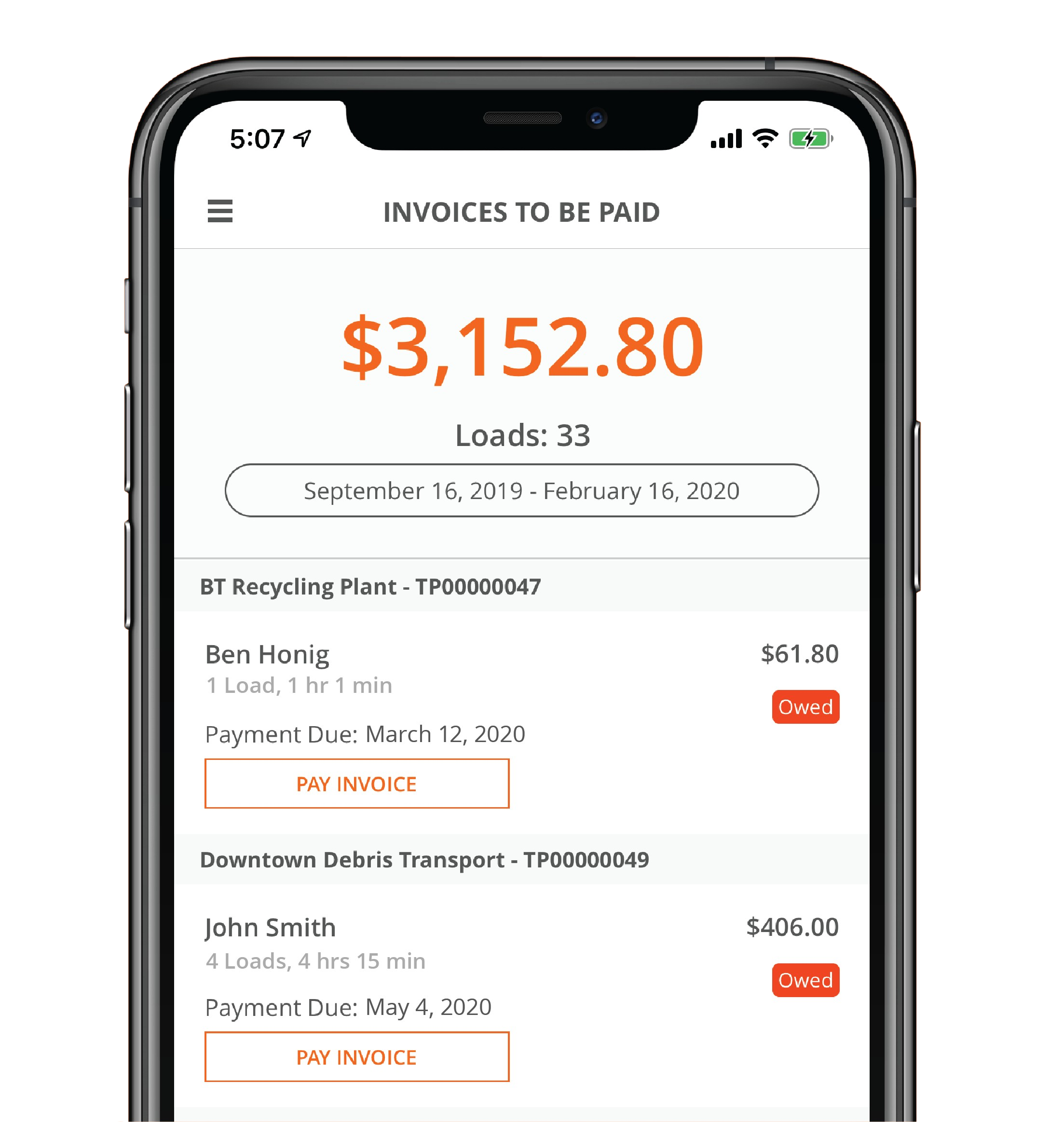 Phone on the invoices page of the Truckpay mobile app